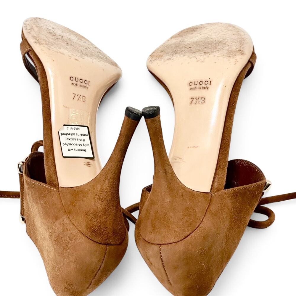 Gucci Vintage Y2K Horsebit Suede Sandals Lace Up Stiletto Heels Cognac Brown 7.5 - Picture 11 of 13